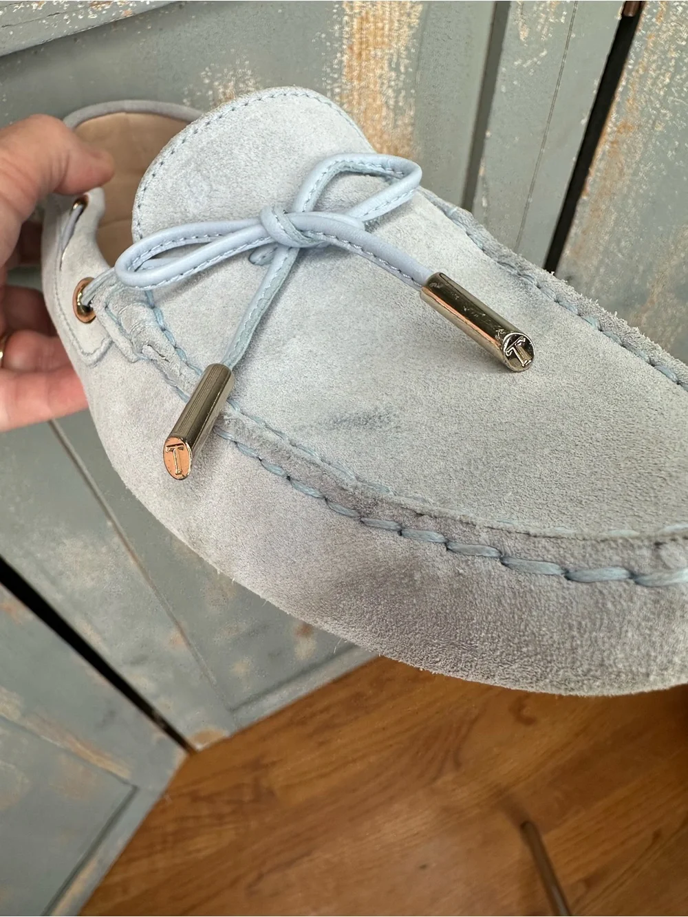 TOD'S Gommino Suede Bow Driving Loafer Light Blue Sz 38.5